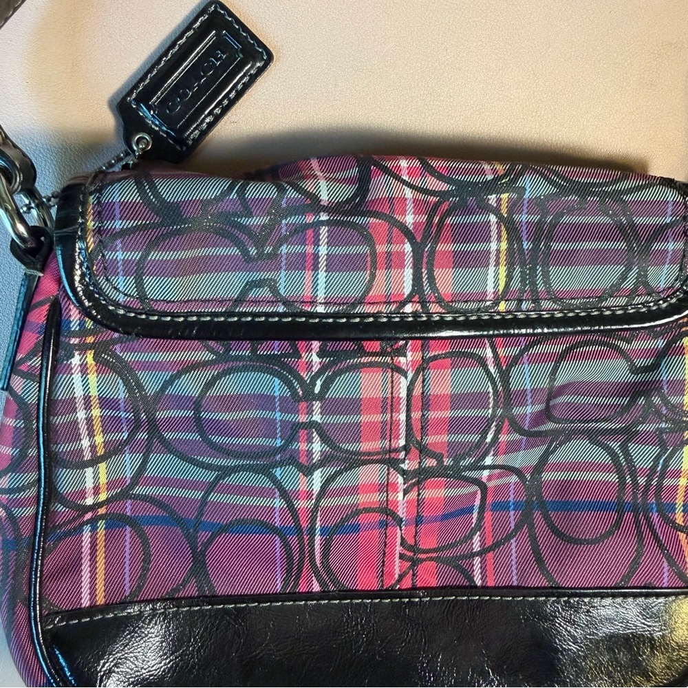 Coach Plaid Signature Turnlock Shoulder Bag Pink Purple Black Small Purse - Picture 5 of 12